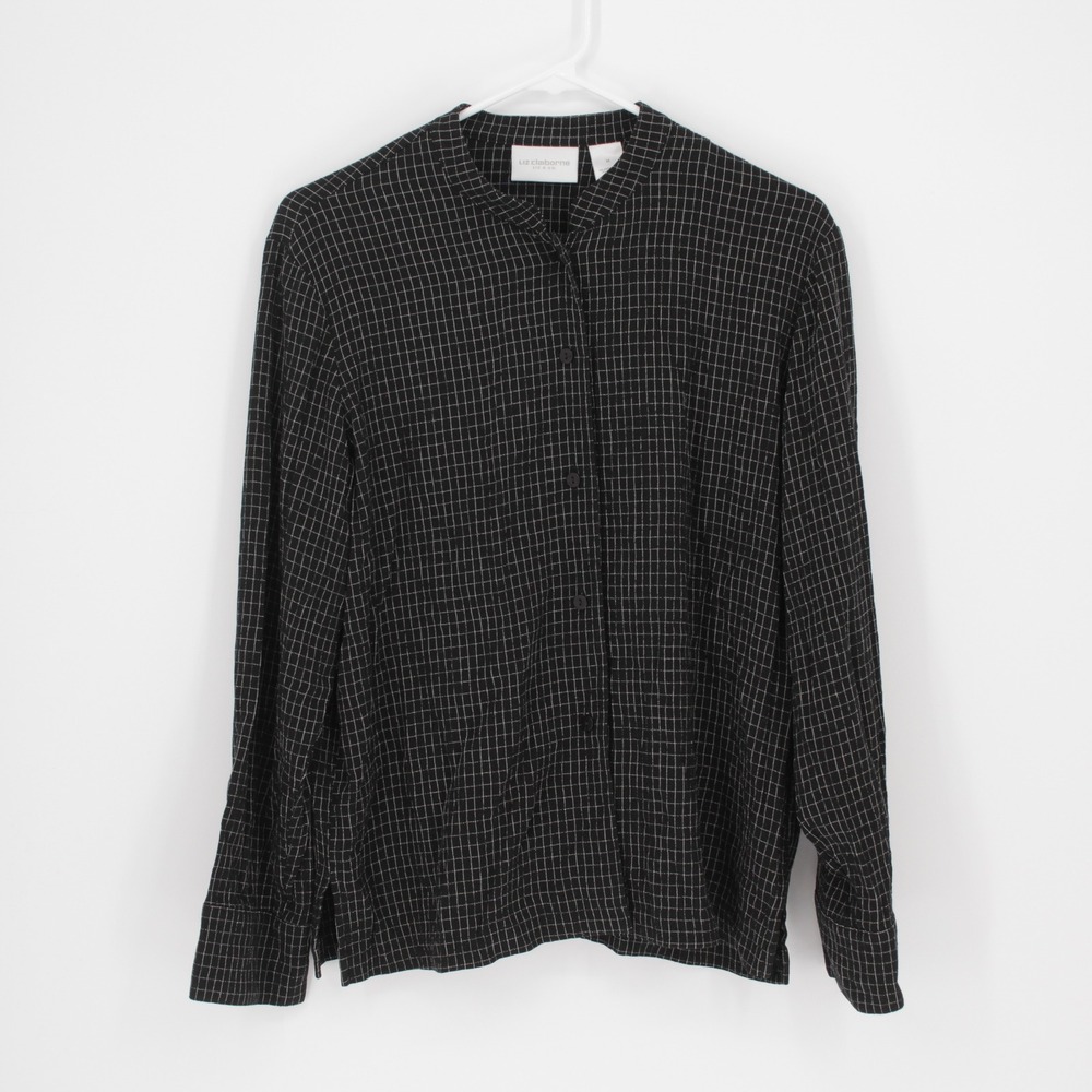 Liz Claiborne Women's Black Grid Check Mandarin Collar Button Up Shirt Size M